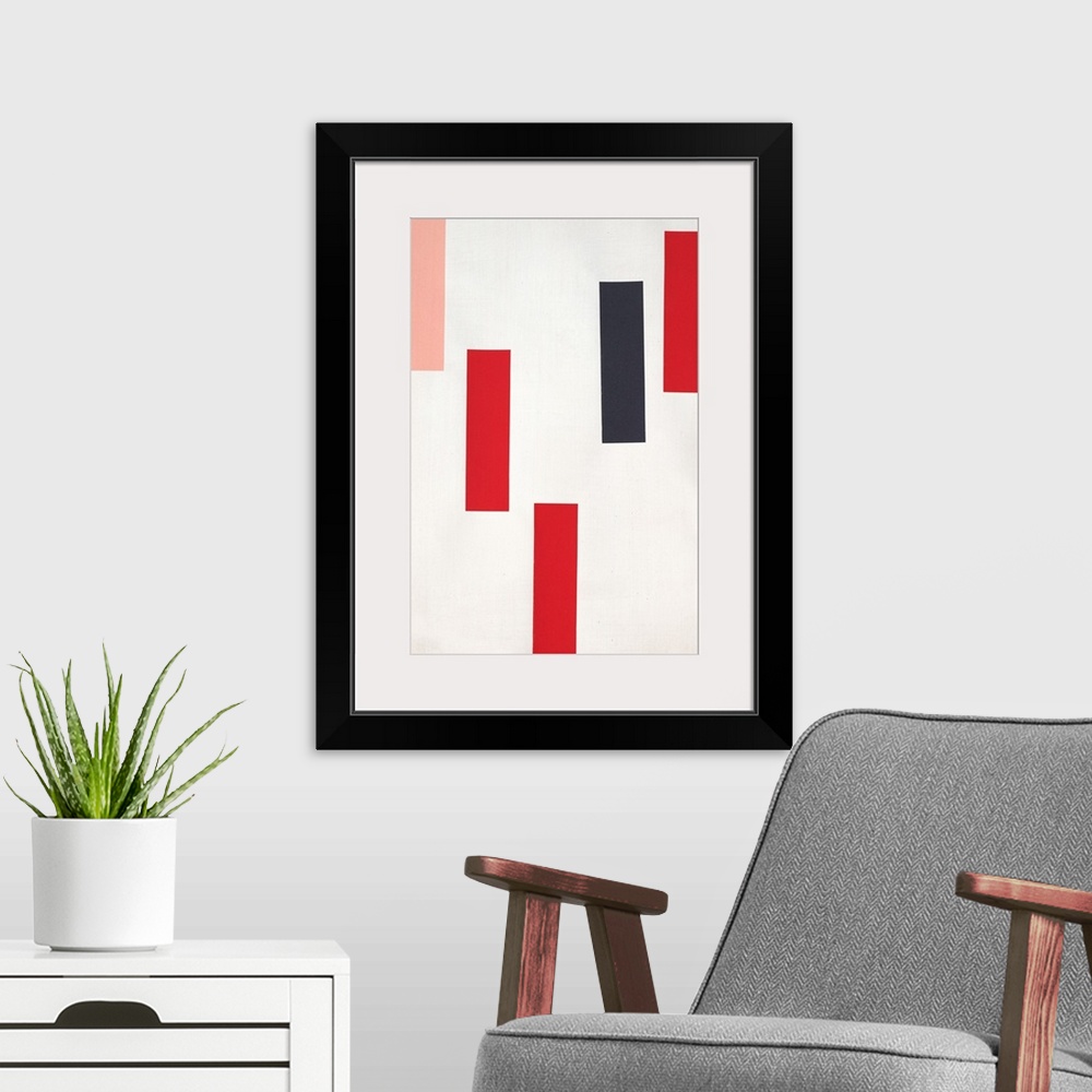 A modern room featuring Geometric abstract with pink, red, and black rectangles falling from the top towards the bottom o...