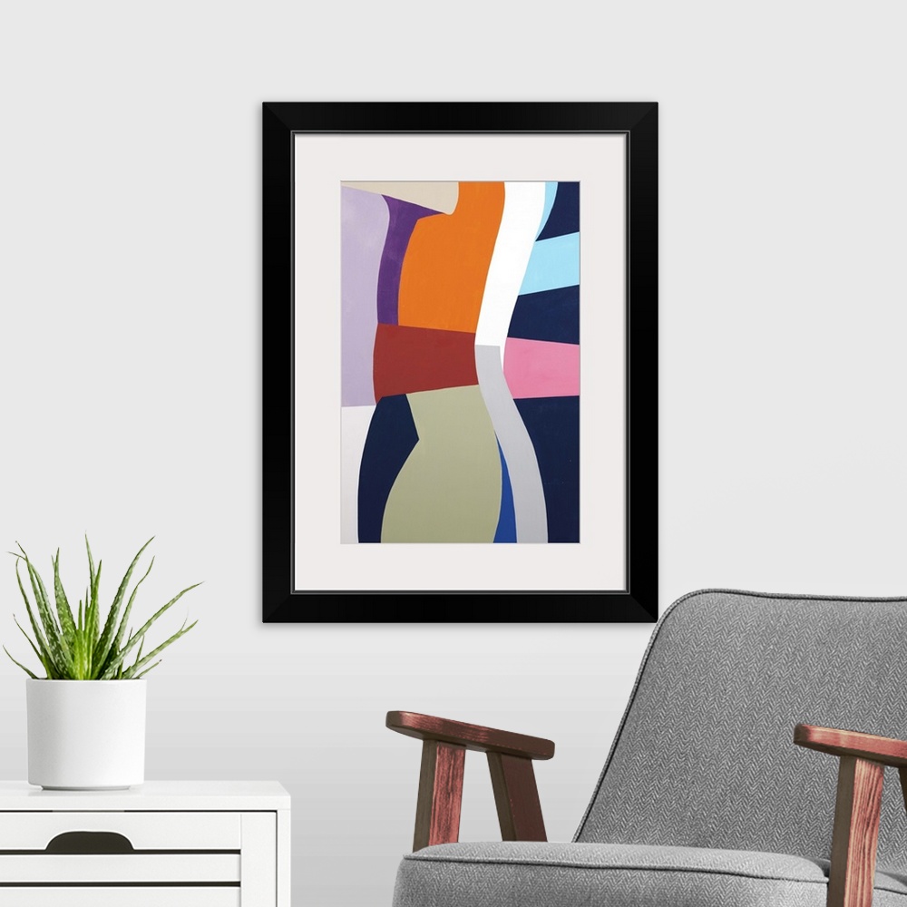 A modern room featuring A contemporary abstract painting using geometric forms in retro tones.