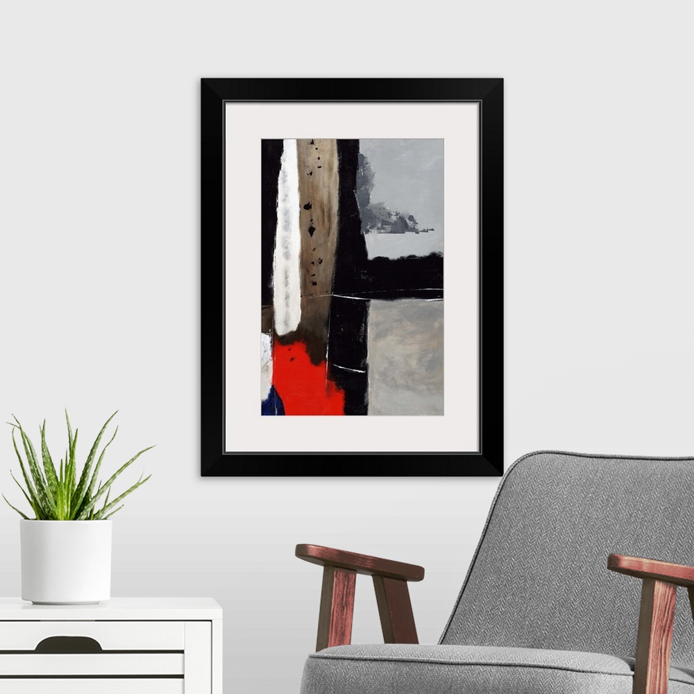 A modern room featuring Contemporary abstract painting of dark colored retro shapes.