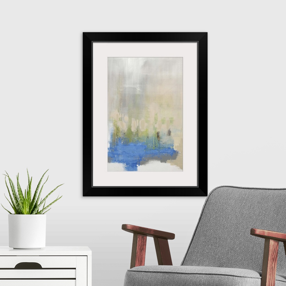 A modern room featuring Abstract painting of large blue object that fades into a thick fog above it, with vertical streak...