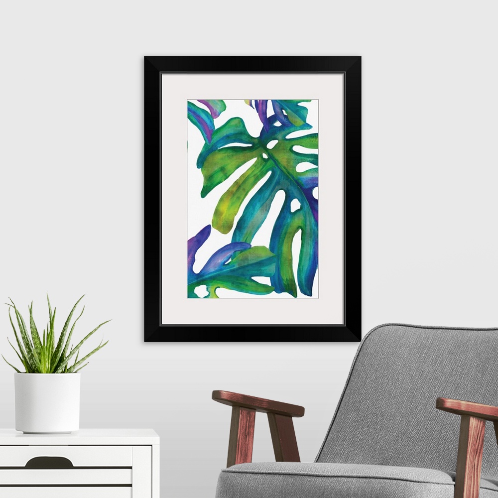 A modern room featuring Square decor with illustrated tropical palm leaves in blue, purple, and green hues on a white bac...