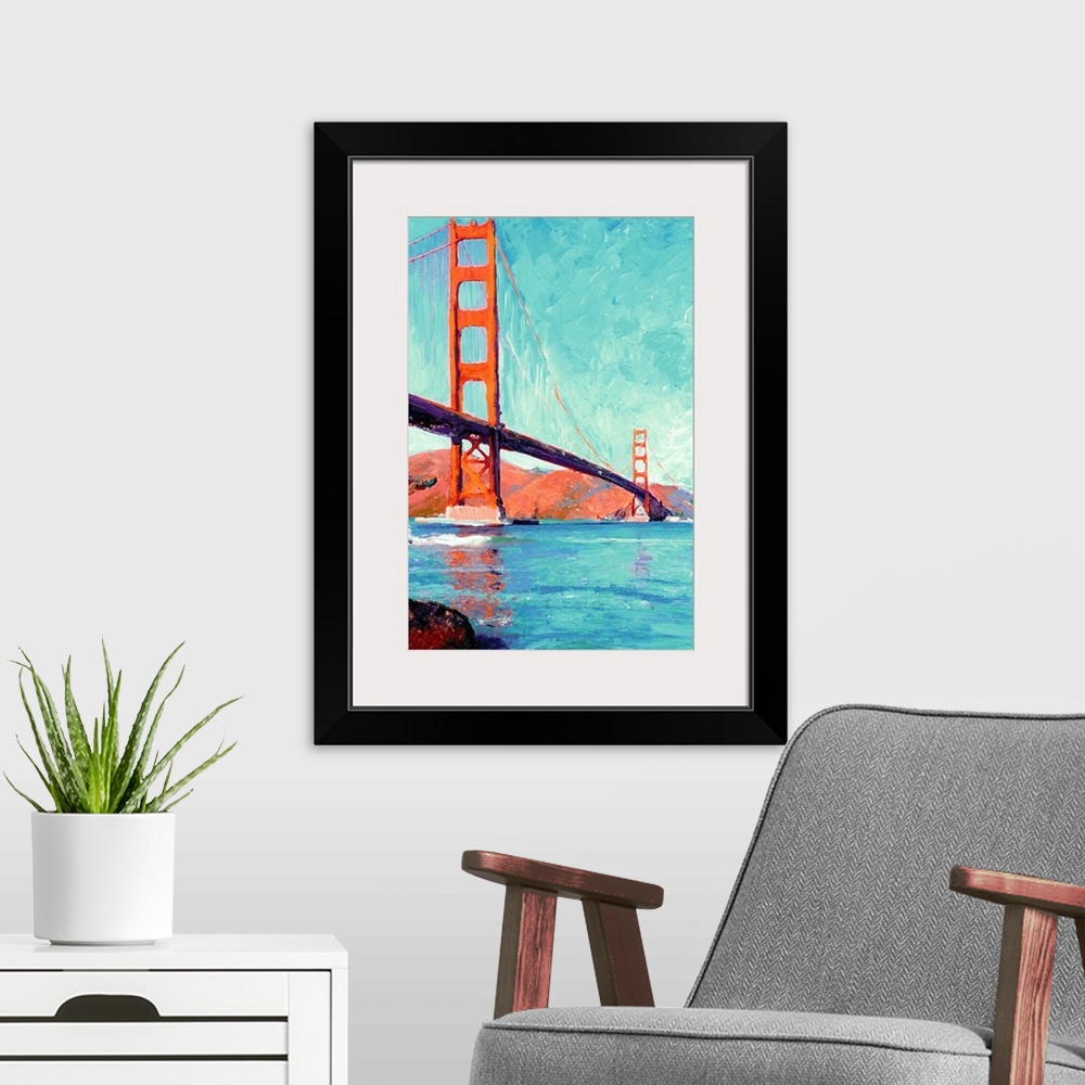 A modern room featuring Painting of the Golden Gate Bridge over the San Francisco Bay.