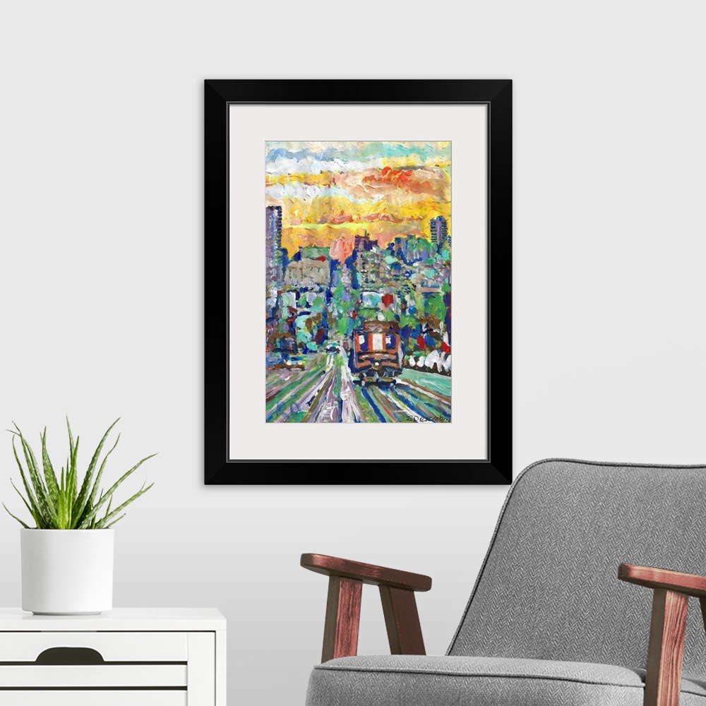 A modern room featuring San Francisco California Cable Car Sunset by RD RIccoboni, street scene.