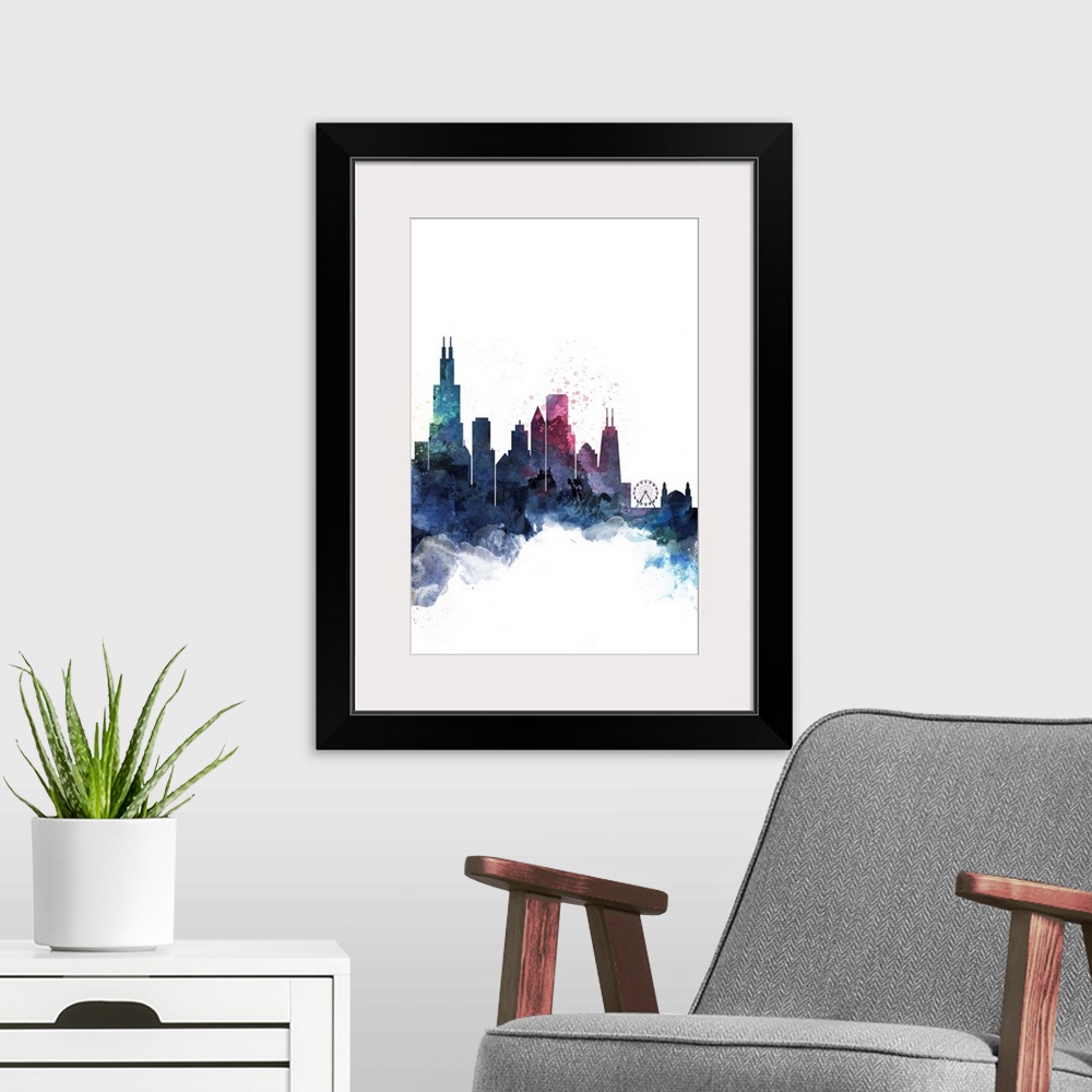 A modern room featuring The Chicago city skyline in colorful watercolor splashes.