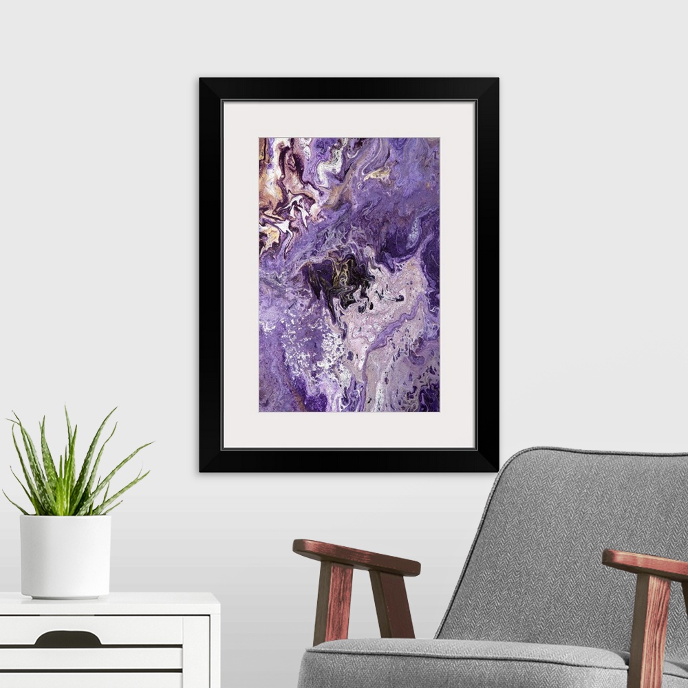 A modern room featuring Abstract contemporary painting in brown, white and purple tones, in a marbling effect.