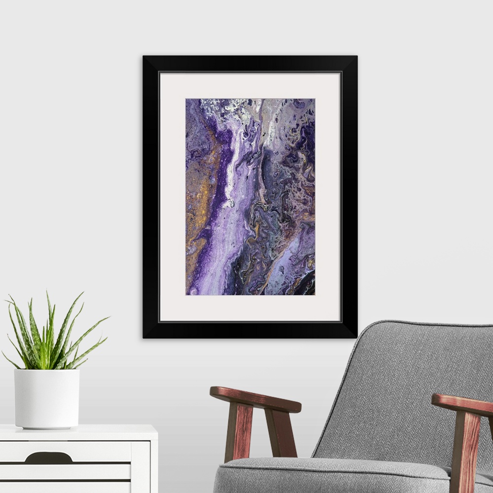A modern room featuring Abstract contemporary painting in brown, white and purple tones, in a marbling effect.