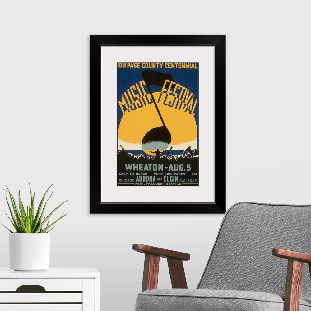 A modern room featuring Du Page County centennial music festival, Wheaton, Aug. 5. Poster showing the silhouette of an or...