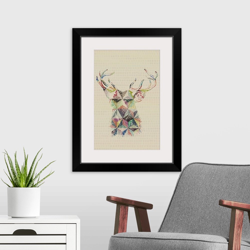 A modern room featuring A vintage sketch drawing of a deer  with triangular geometric colored pencil accents.