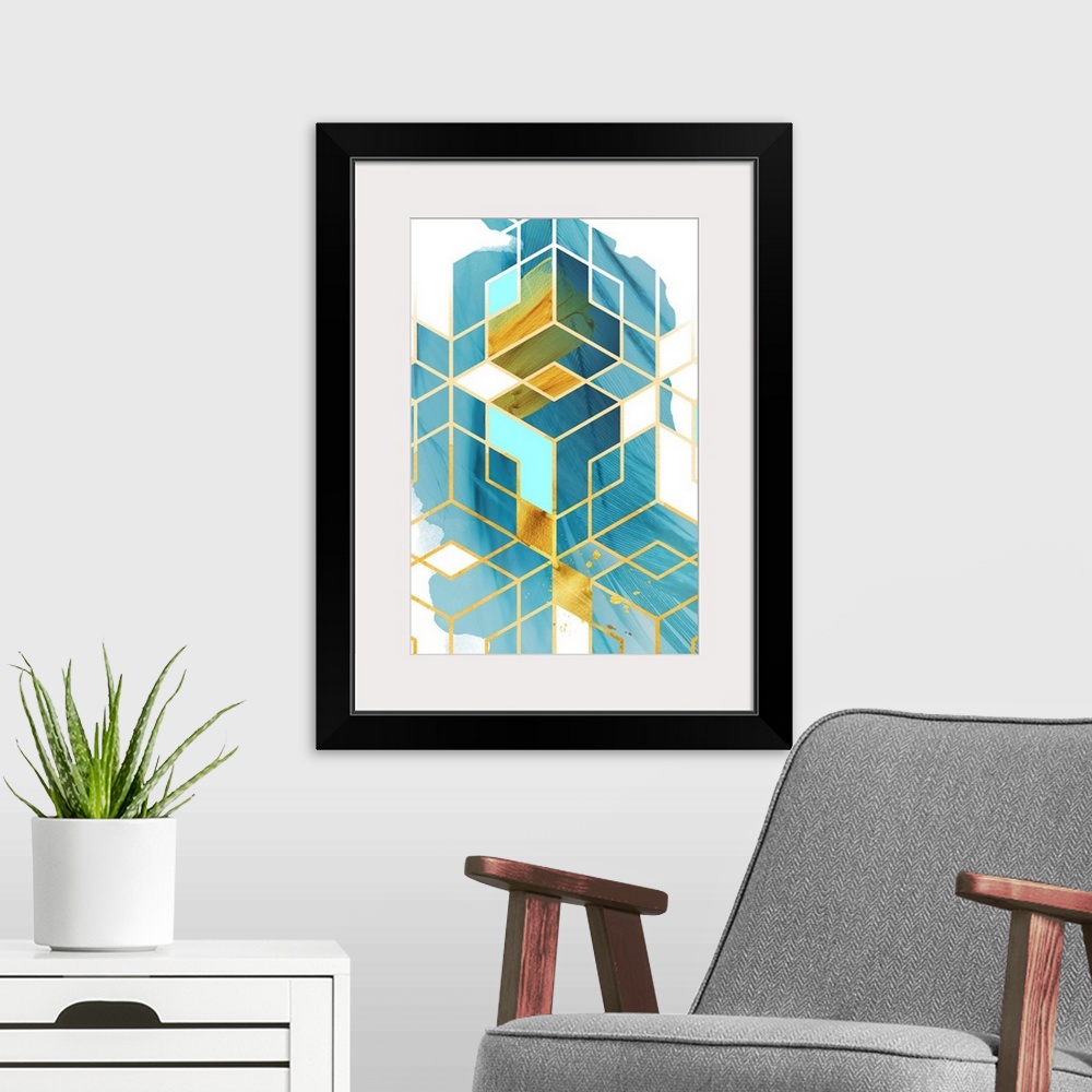 A modern room featuring Geometric artwork in shades of blue and yellow with a golden diamond pattern.