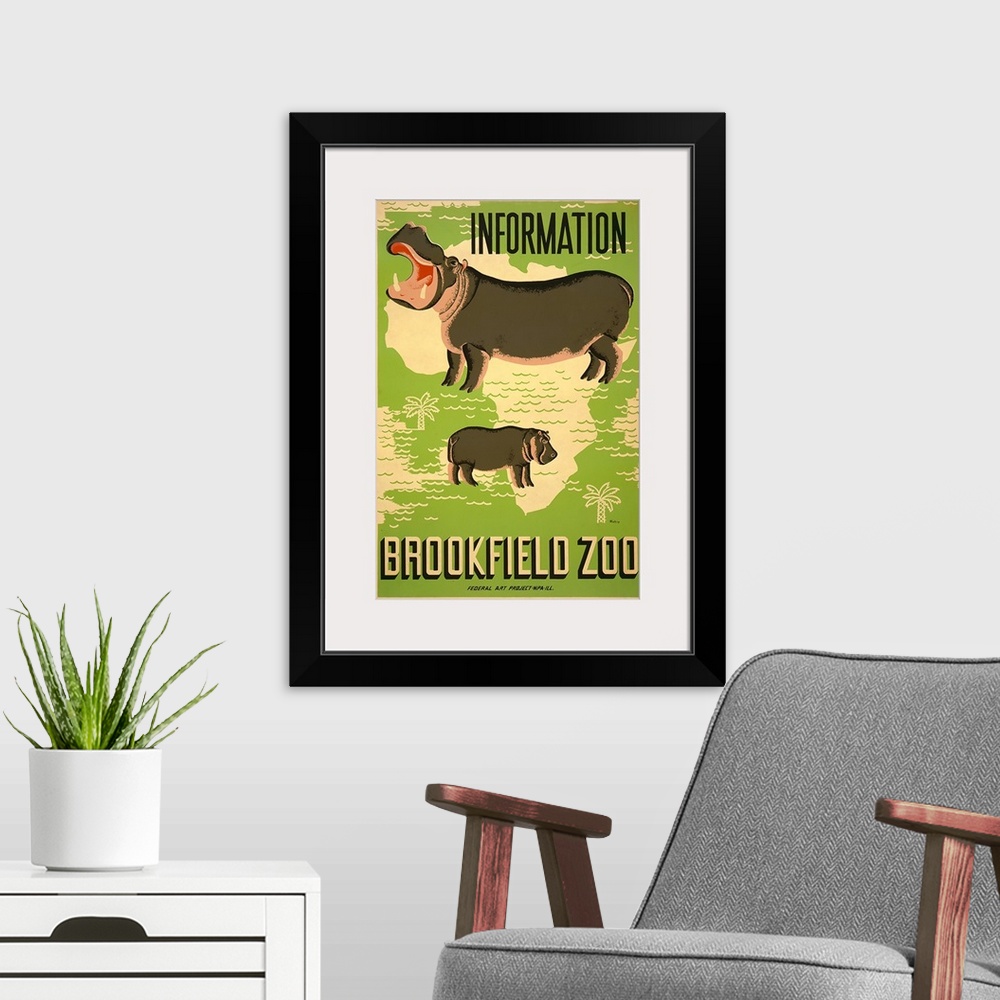 A modern room featuring Information, Brookfield Zoo. Poster for the Brookfield Zoo, showing hippopotamuses superimposed o...