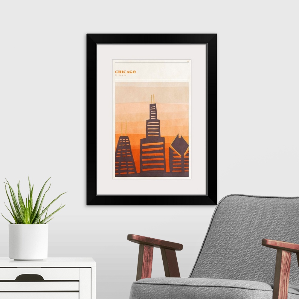 A modern room featuring Vertical modern illustration of the Chicago skyline in orange shades.