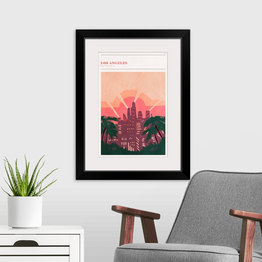 A modern room featuring Vertical modern illustration of the city skyline of Los Angeles, CA.