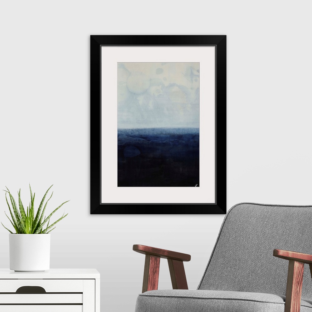 A modern room featuring Simplistic abstracted seascape of a field of gray-blue overtop a field of navy.