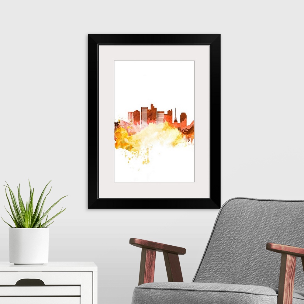 A modern room featuring The Phoenix, Arizona city skyline in orange and yellow watercolor splashes.