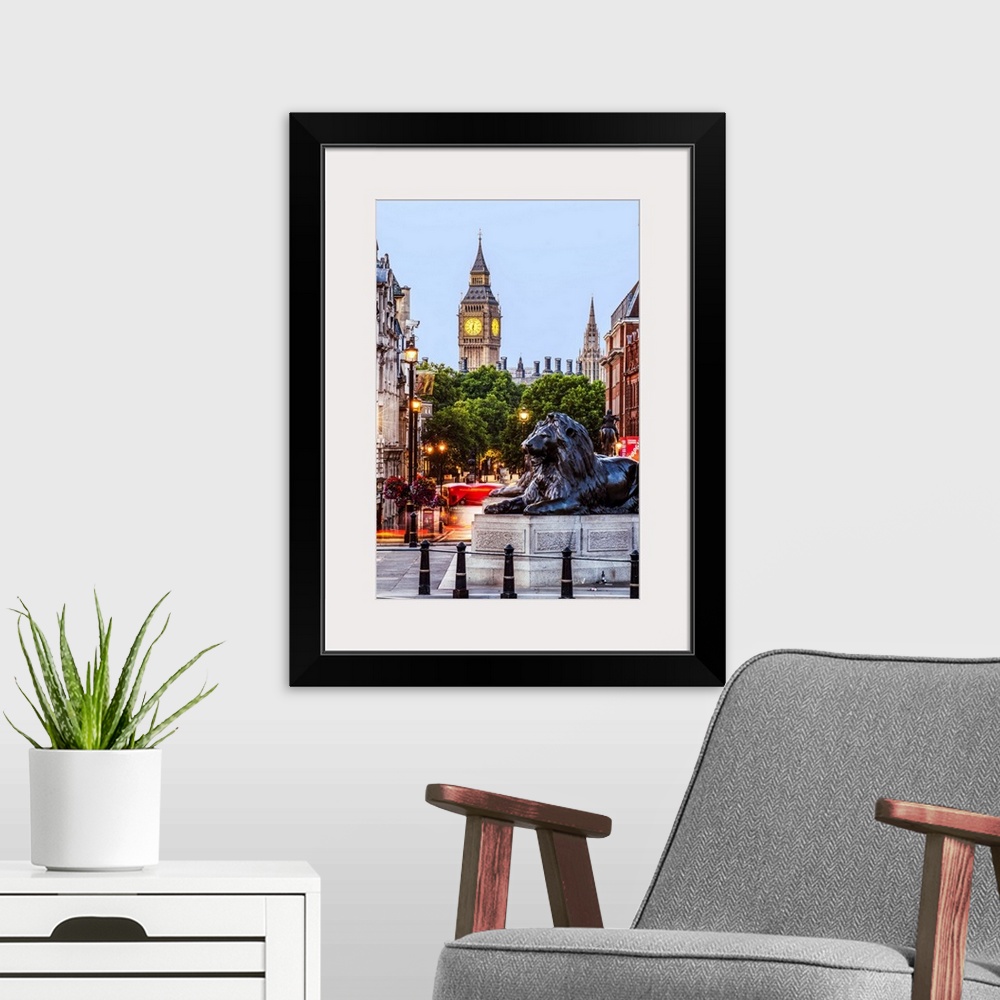 A modern room featuring Photograph of Trafalgar Square with the iconic Trafalgar Lions in the foreground and Big Ben in t...