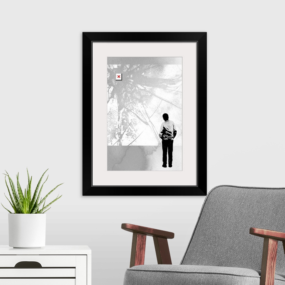 A modern room featuring A contemporary piece of artwork that shows a person looking at an abstract artwork print that app...
