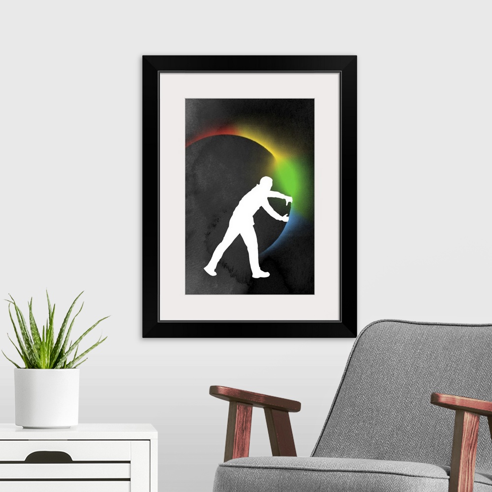 A modern room featuring Big abstract art of the silohuette of a man pulling back a circle releasing colorful light.