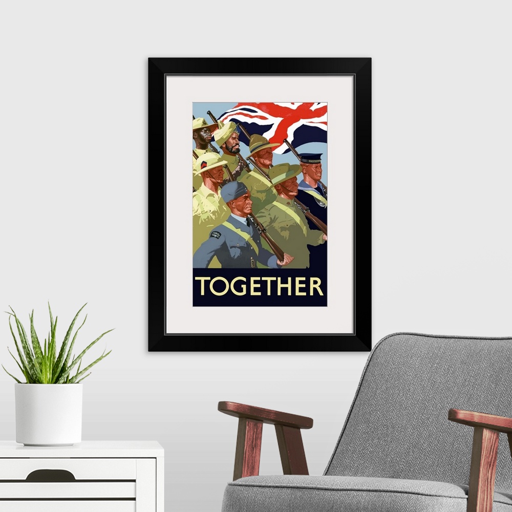 A modern room featuring Digitally restored vector war propaganda poster. This vintage World War II poster features the tr...