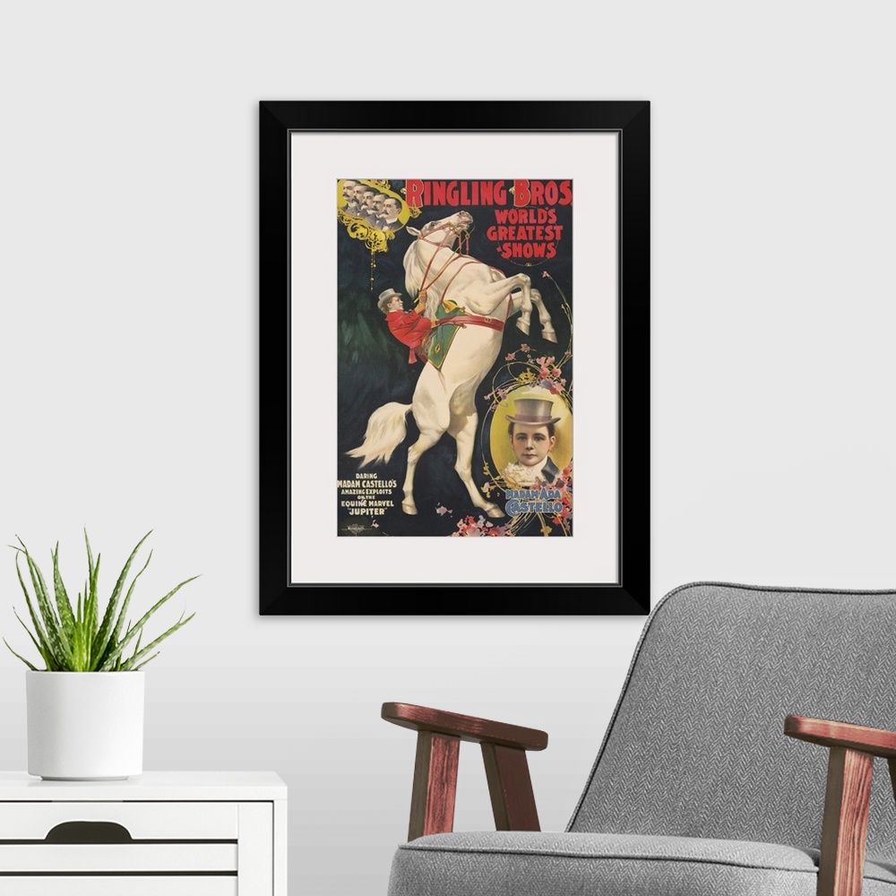 A modern room featuring Vintage Ringling Brothers Circus Poster Of Madam Ada Castello On A Rearing Horse, 1899