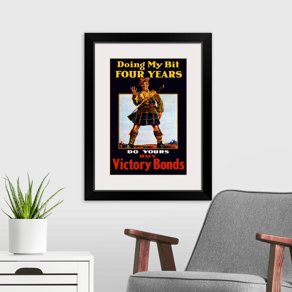 A modern room featuring Vintage World War One poster of a soldier holding up four fingers. It reads, Doing My Bit Four Ye...