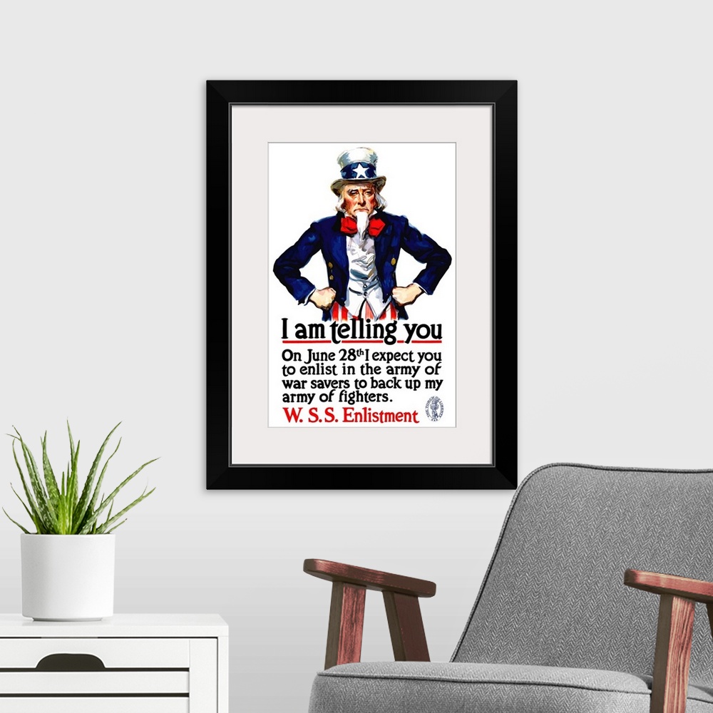 A modern room featuring Vintage World War I poster of Uncle Sam standing with his hands on his hips. It reads, I am telli...