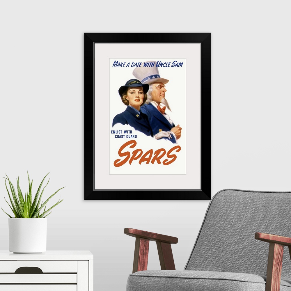 A modern room featuring Vintage World War II poster featuring a female Coast Guard Cadet and Uncle Sam. It reads, Make a ...