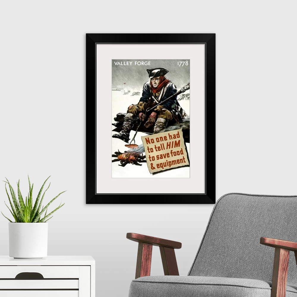 A modern room featuring Vintage World War II poster featuring a Revolutionary War soldier cooking over a fire at Valley F...