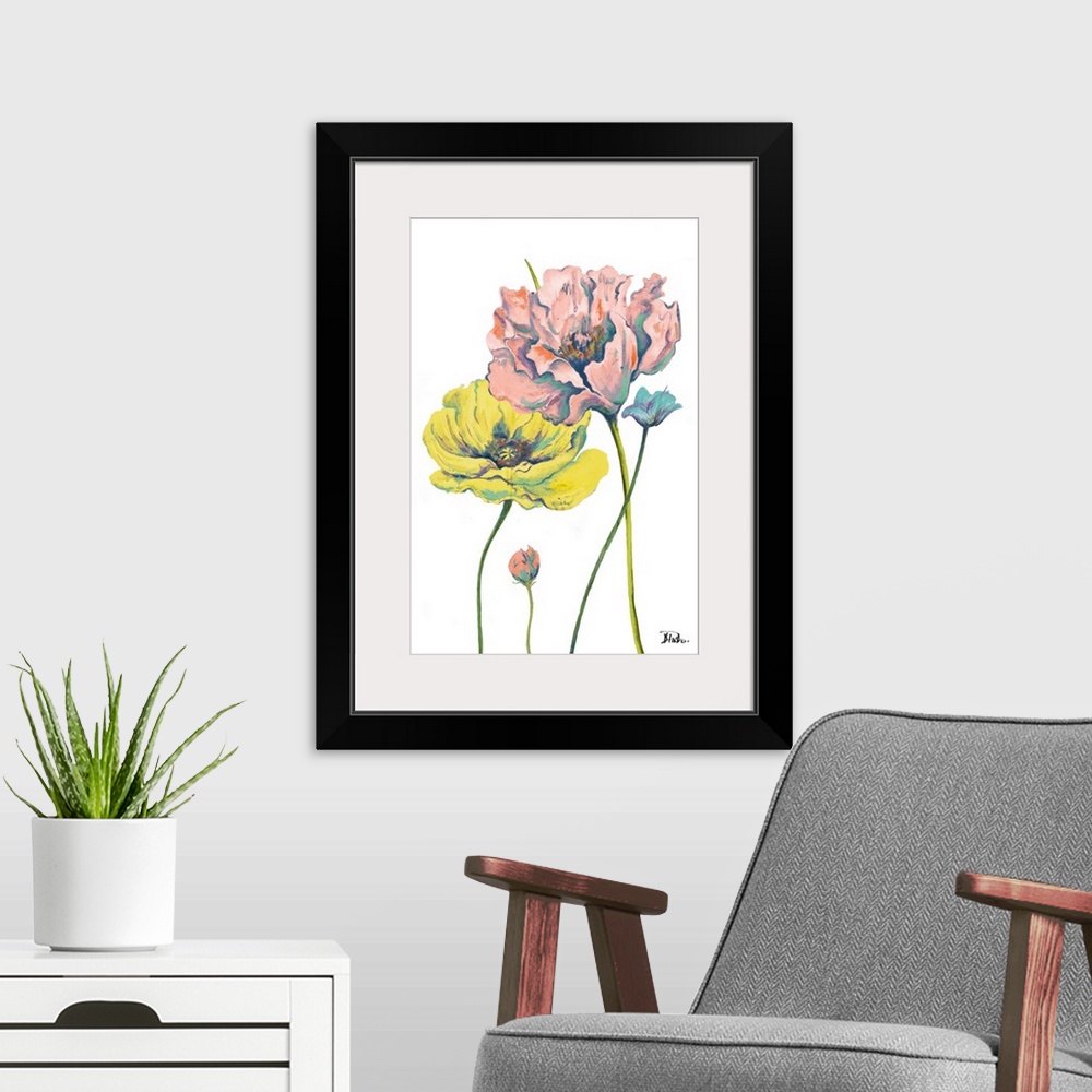 A modern room featuring Brightly colored painting of two large blooming poppies and two small buds.