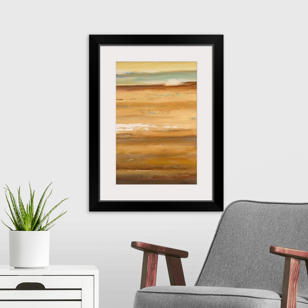 A modern room featuring Vertical abstract painting of many horizontal stripes indicating a landscape, with the sun rising...