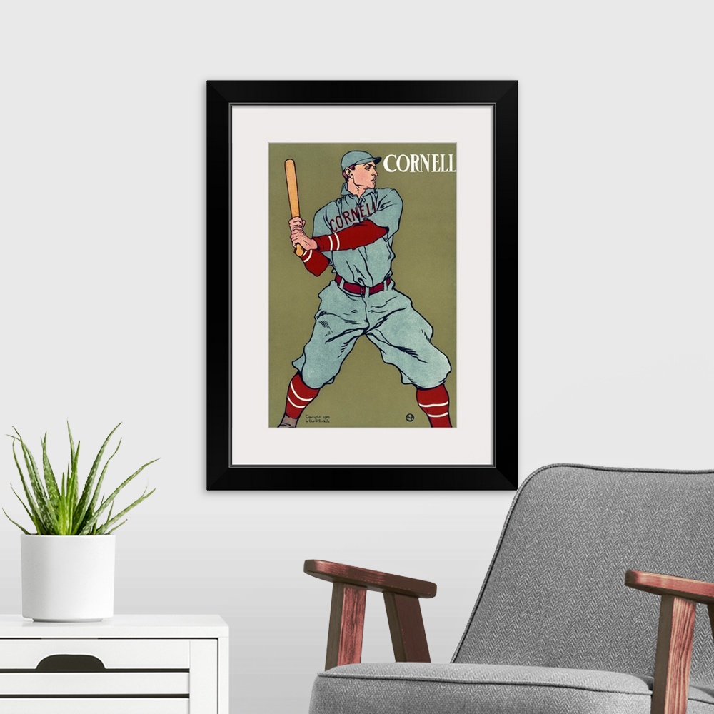 A modern room featuring Poster for the Cornell University baseball team. Chromolithograph by Edward Penfield, c1908.
