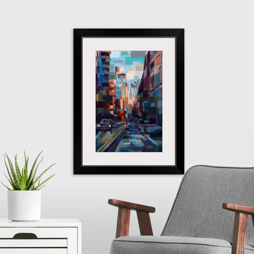 A modern room featuring Contemporary abstract painting of an urban environment deconstructed into geometric shapes.