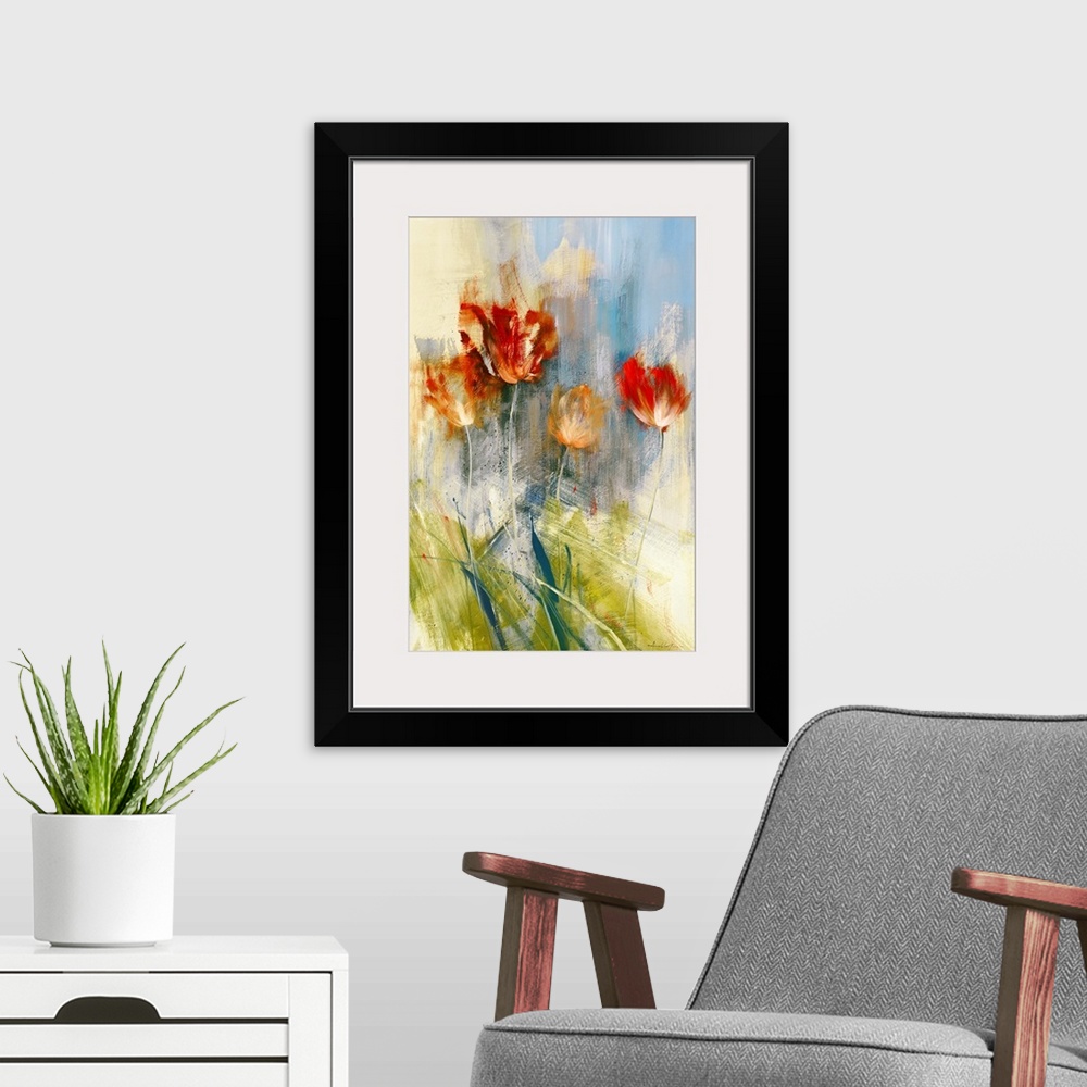 A modern room featuring Huge contemporary art shows a group of four flowers.  Artist predominantly uses earth tones and l...