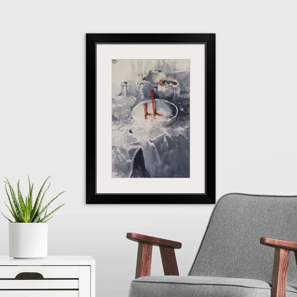 A modern room featuring Everyday objects in soft blues with pops of red sit restfully on a table in this contemporary art...