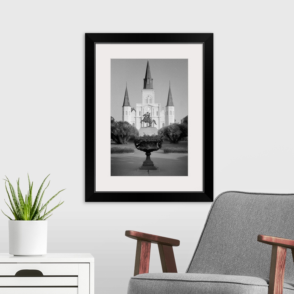 A modern room featuring A shot of the famous St. Louis Cathedral in New Orleans, LA - taken in Black and White
