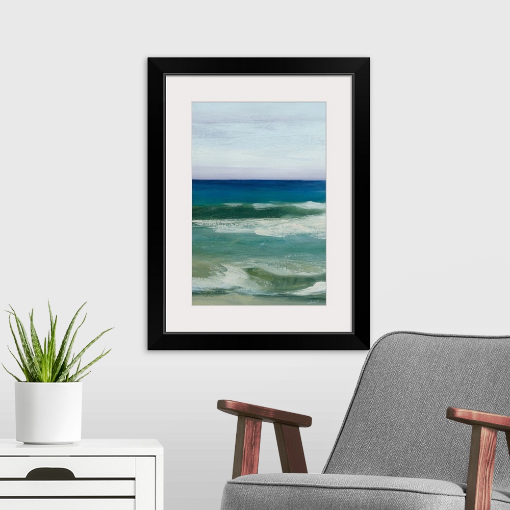 A modern room featuring Contemporary artwork of textured brush strokes that carve out a serene ocean scene.