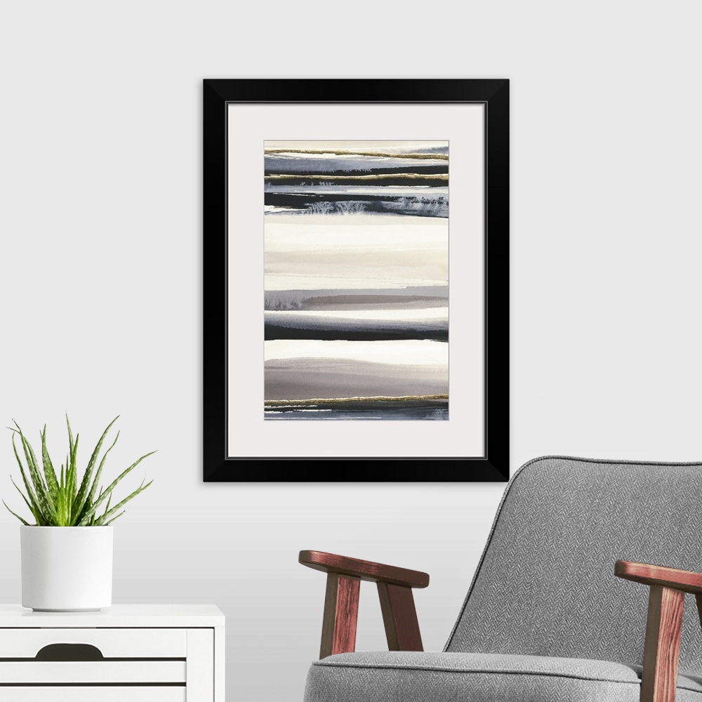 A modern room featuring Abstract contemporary painting with horizontal stripes in black, grey, and gold.