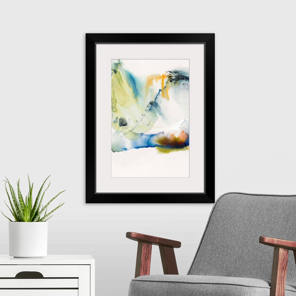 A modern room featuring Vertical abstract painting with colors melting together in shades of blue, green, and orange.
