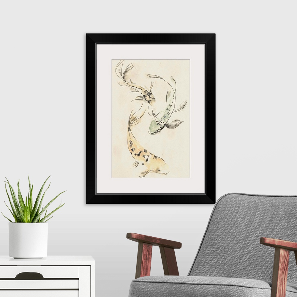A modern room featuring Three koi fish swimming around each other on a sepia toned background.