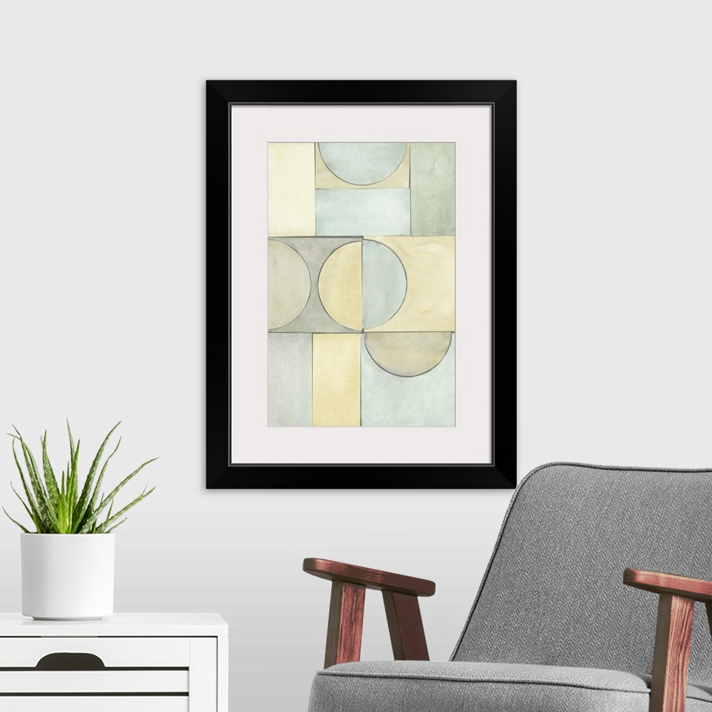 A modern room featuring Contemporary abstract painting with pastel geometric shapes.