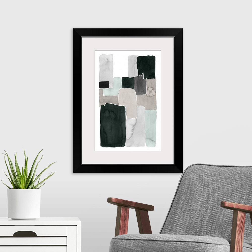 A modern room featuring Contemporary abstract painting with blocks of grey and black on a white background.