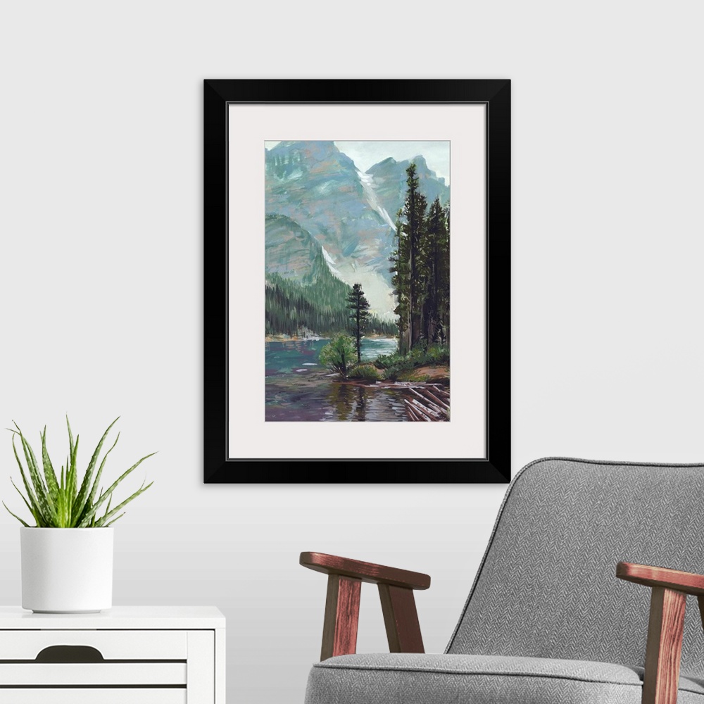 A modern room featuring Vertical painting of a lush green mountain and wilderness landscape with a river in the foreground.