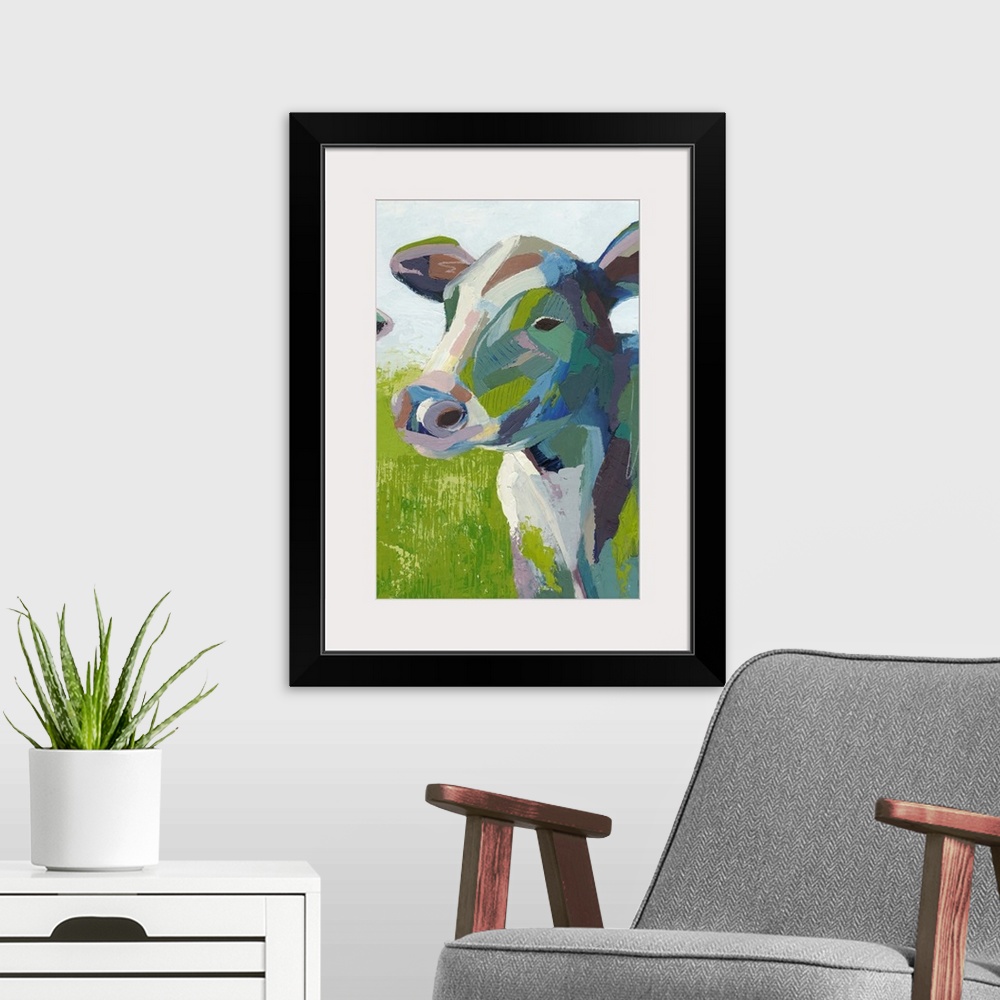 A modern room featuring Contemporary colorful painting of a cow in a field.