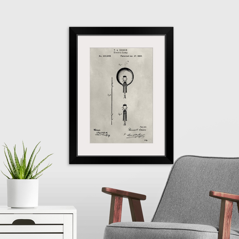 A modern room featuring Vintage patent illustration of a light bulb.
