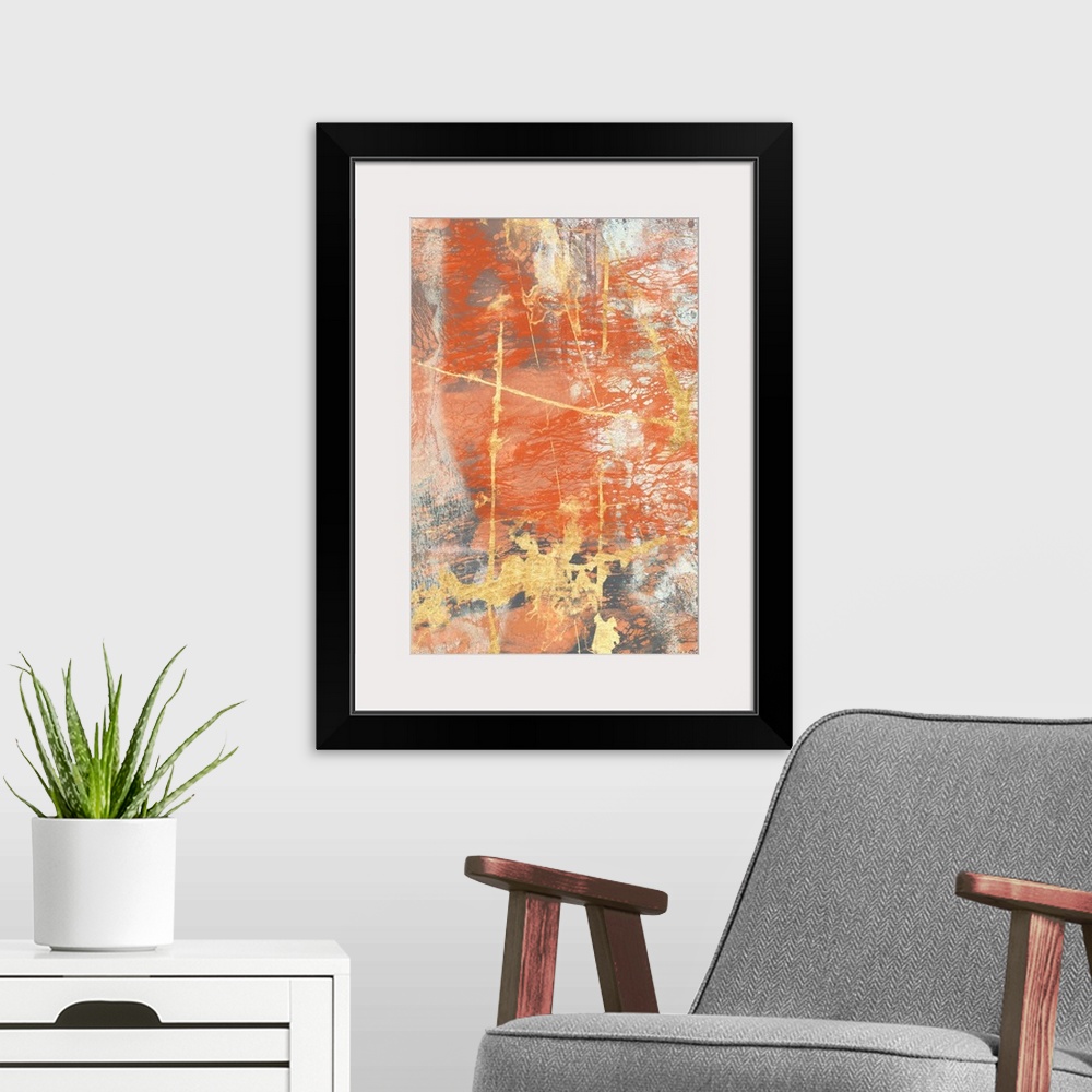 A modern room featuring Contemporary abstract painting in bold, rusty orange and gold with a weathered effect.