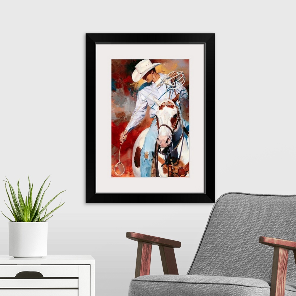 A modern room featuring Contemporary vertical panoramic painting of cowboy on horse holding a looped rope.