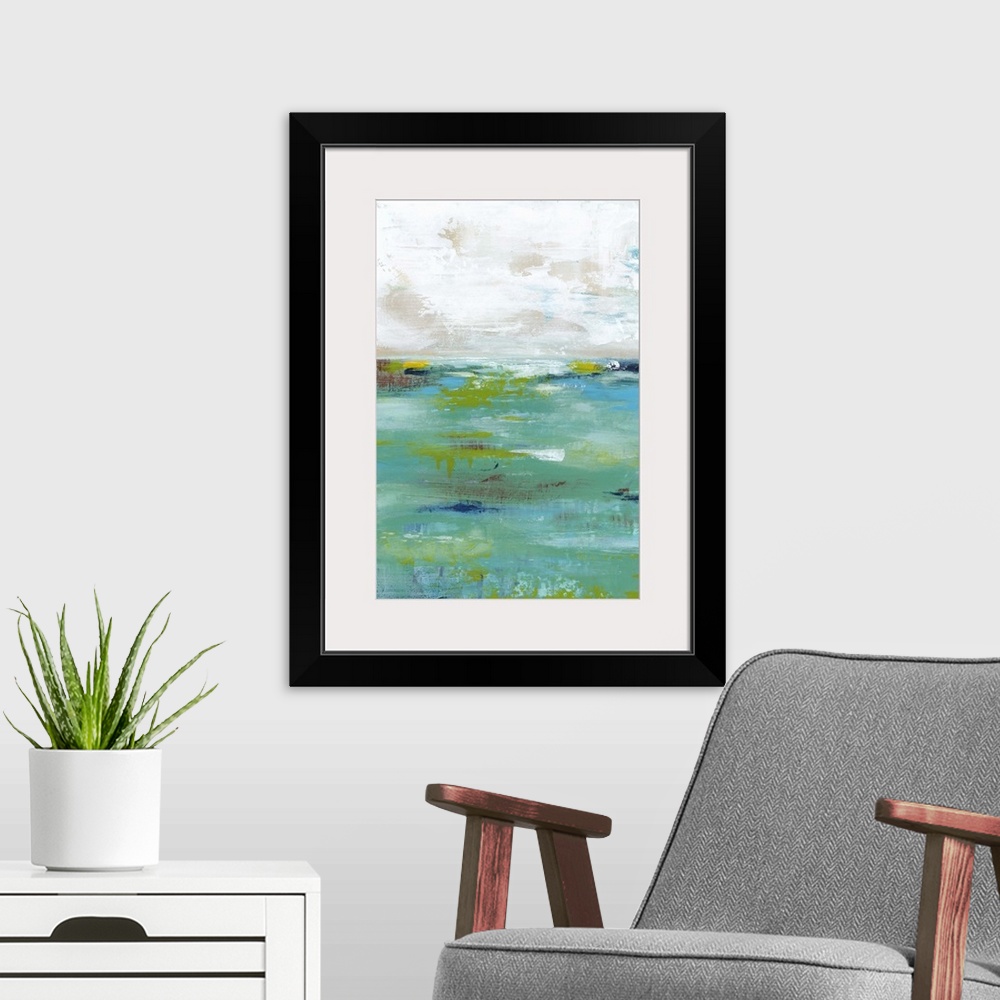 A modern room featuring Abstract painting resembling a body of water meeting the sky at the horizon.