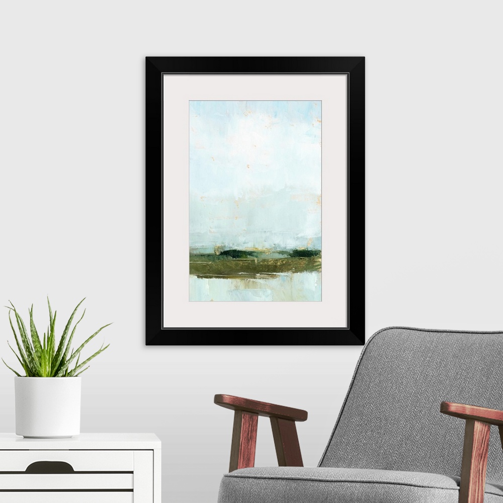 A modern room featuring Contemporary landscape painting of a wetland on the horizon.