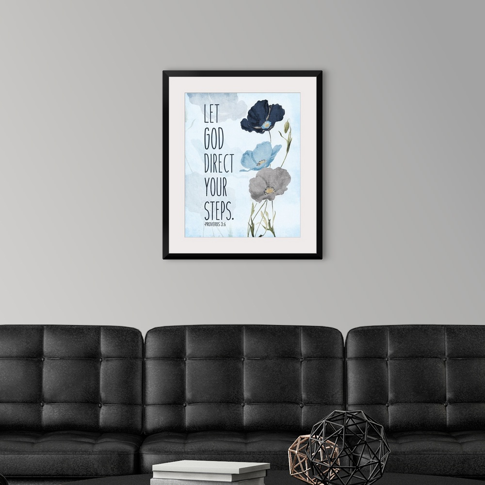 A modern room featuring Bible verse Proverbs 3:5 with a blue poppy flower design.