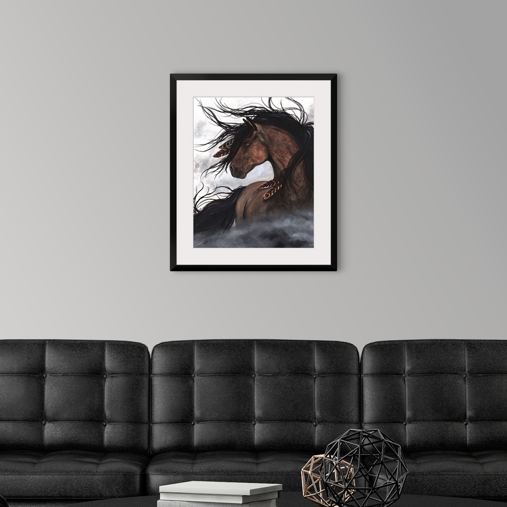 A modern room featuring Majestic Series of Native American inspired horse paintings of a mustang.