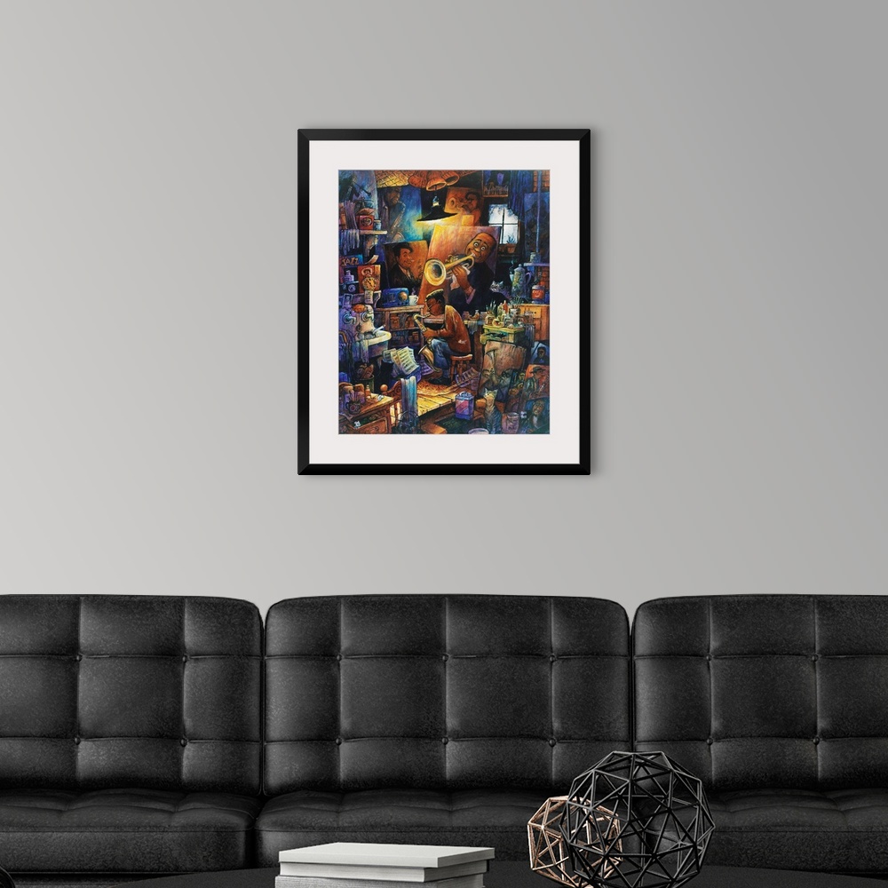 A modern room featuring Man with sax plays in front of a painting of Louis Armstrong.